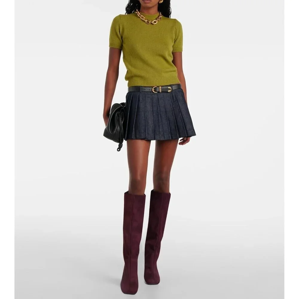 Women's Burgundy Wide Calf Square Toe Stiletto Heels Knee High Suede Boots